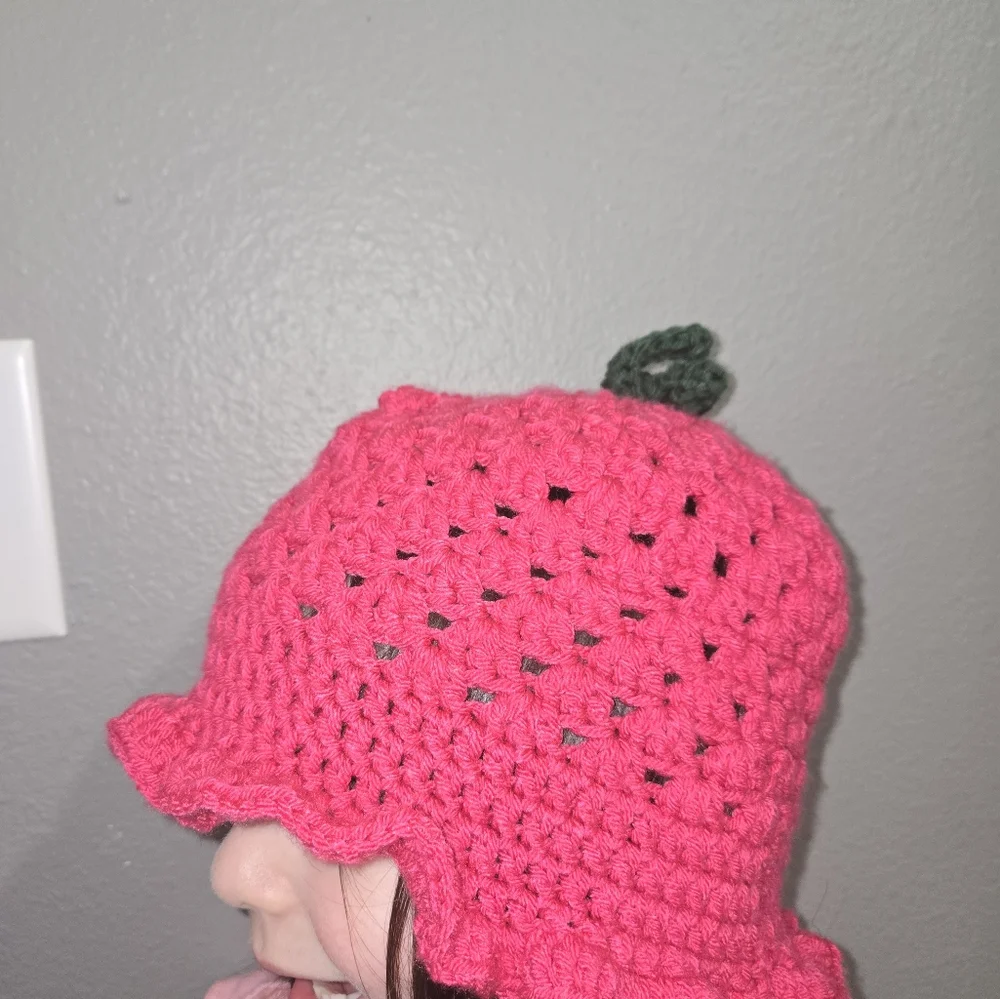 Girl's Raspberry Crochet Bucket Hat - Picture 13 of 15